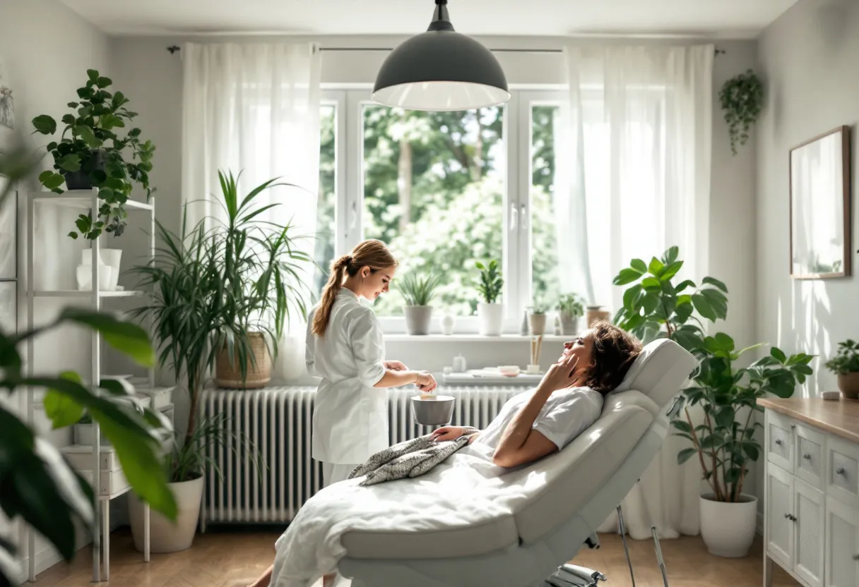 Een lichte, serene behandelkamer in Gent met een vrouw van midden dertig die ontspannen achterover leunt, haar gezicht subtiel geaccentueerd door zacht daglicht; een arts in witte jas markeert met een potlood de fronslijnen, terwijl een raam uitzicht biedt op een groene binnentuin.