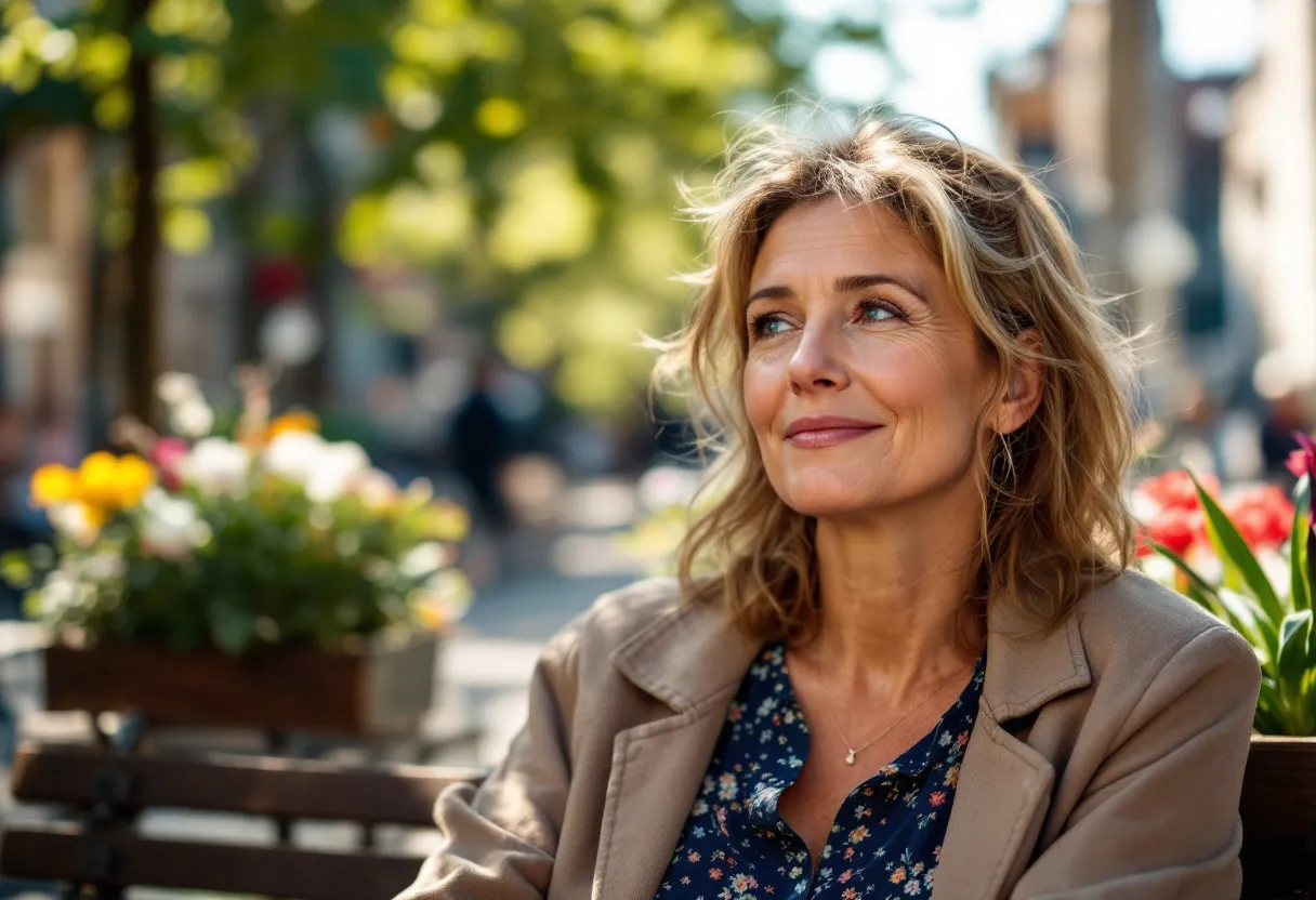 Een vrouw van midden dertig met een ontspannen, frisse uitstraling zit op een terras in Gent, met zachte ochtendzon op haar gezicht.