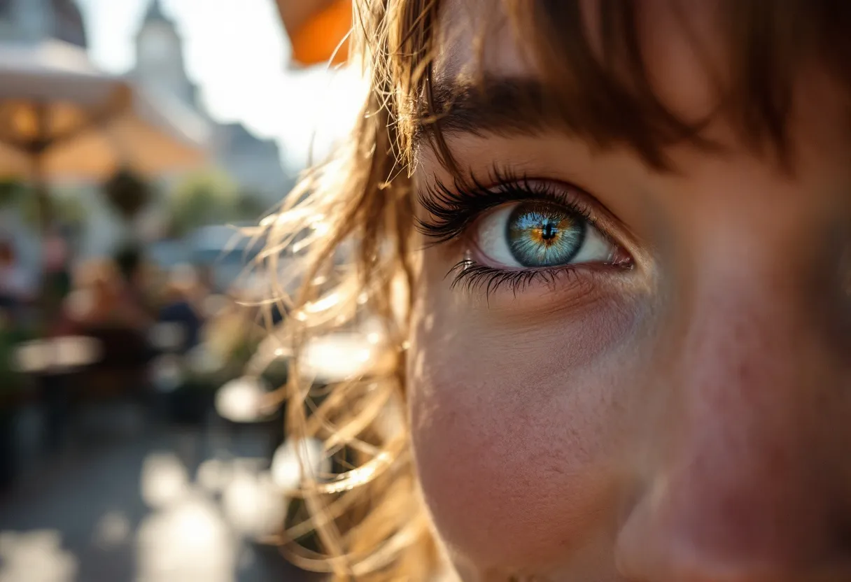 Close-up van lachende ogen van een vrouw met fijne kraaienpootjes, zacht natuurlijk daglicht op een terras met zicht op de Graslei in Gent.