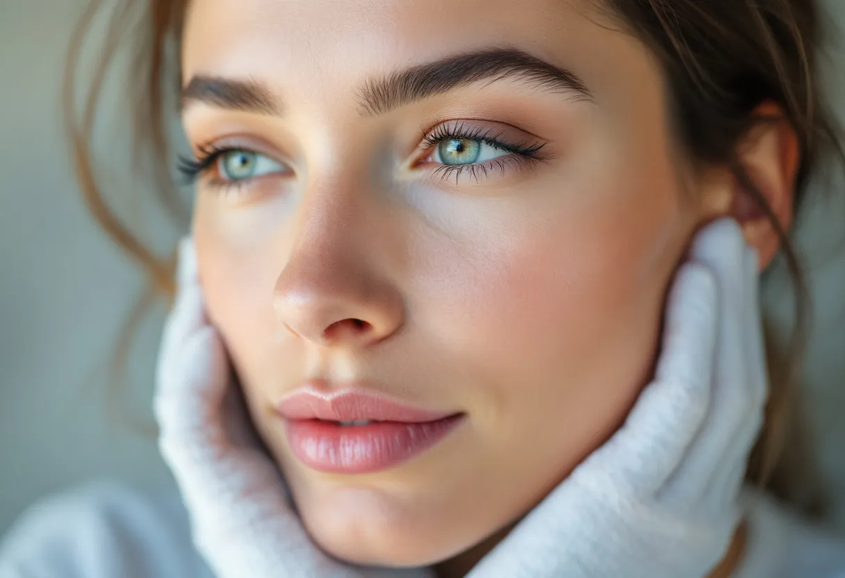 Een close-up van het ontspannen gezicht van een vrouw in natuurlijk daglicht met een subtiel verzachte fronslijn na een Botox-behandeling, haar uitstraling is kalm en uitgerust.