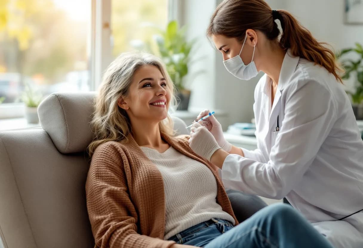 Een zelfverzekerde vrouw van midden dertig met een stralende, natuurlijk ogende huid zit ontspannen in een lichte, moderne behandelkamer met zicht op het groen van Gent, terwijl een arts discreet een injectiespuit klaarmaakt.
