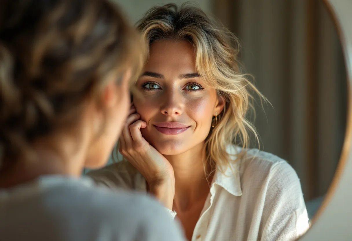 Een stralende vrouw van rond de 35 jaar met een frisse, ontspannen huid zit bij daglicht voor een spiegel en brengt subtiel een zonnebrandcrème aan, haar uitdrukking straalt een natuurlijke, vermoeidheidsloze gloed uit.