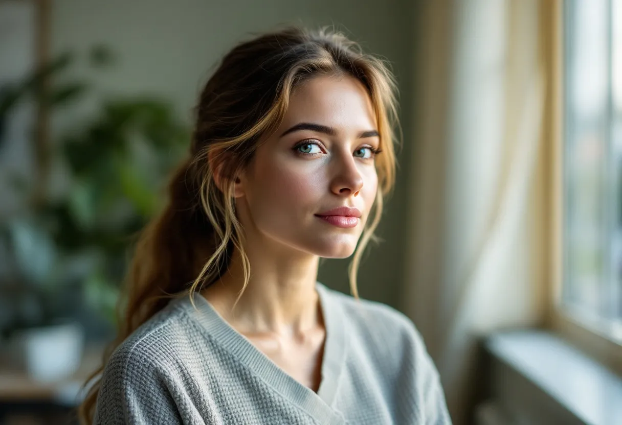 Een vrouw in een lichte, serene kliniekruimte kijkt ontspannen in de camera, haar gezicht subtiel verfrist door botox, met de Gentse torens zichtbaar door het raam op de achtergrond.