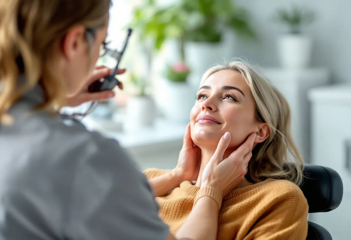 Een vrouw van ongeveer 35 jaar zit ontspannen in een lichte, moderne kliniek in Gent, terwijl een dermatoloog met een vergrootglas subtiel haar voorhoofd inspecteert; haar natuurlijke uitstraling straalt rust en frisheid uit, zonder spoor van een zichtbare behandeling.