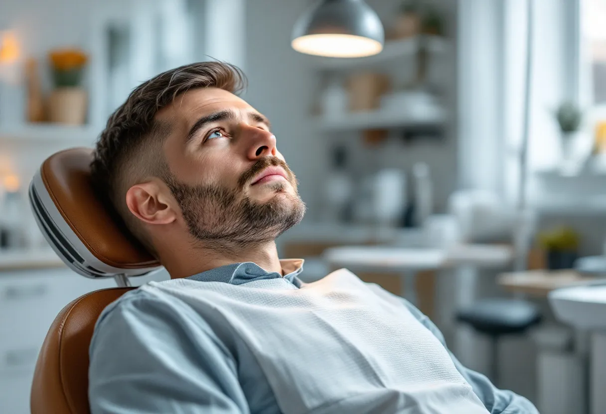 Een man met kort donker haar en een lichte baard zit ontspannen in een moderne, lichte spreekkamer van een kliniek in Gent; de arts plaatst met een flinterdunne naald botox in zijn voorhoofd, terwijl hij natuurlijk kijkt.