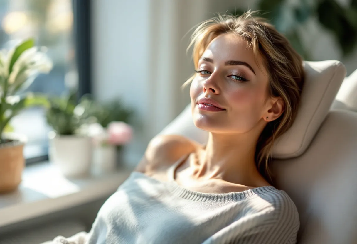 Een stralende vrouw van midden dertig met een ontspannen, natuurlijke uitstraling en subtiele lachrimpeltjes, zittend in een lichte, moderne behandelruimte in een discrete Gentse kliniek, met een serene blik en zachte make-up.