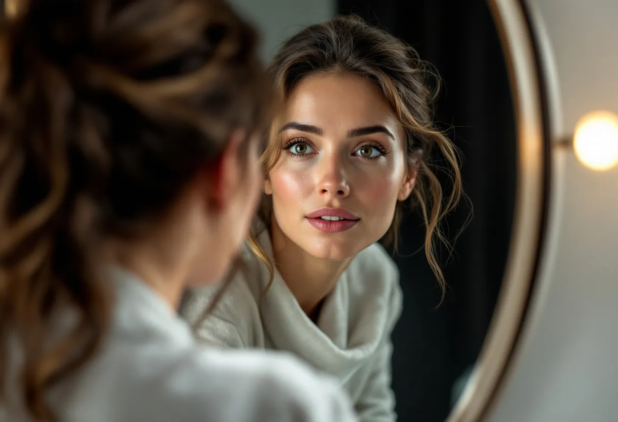 Een vrouw van in de dertig met een rustige, frisse huid bekijkt zichzelf in een elegante spiegel in een lichte, medische kliniek te Gent, met zacht daglicht dat haar natuurlijke gloed benadrukt.