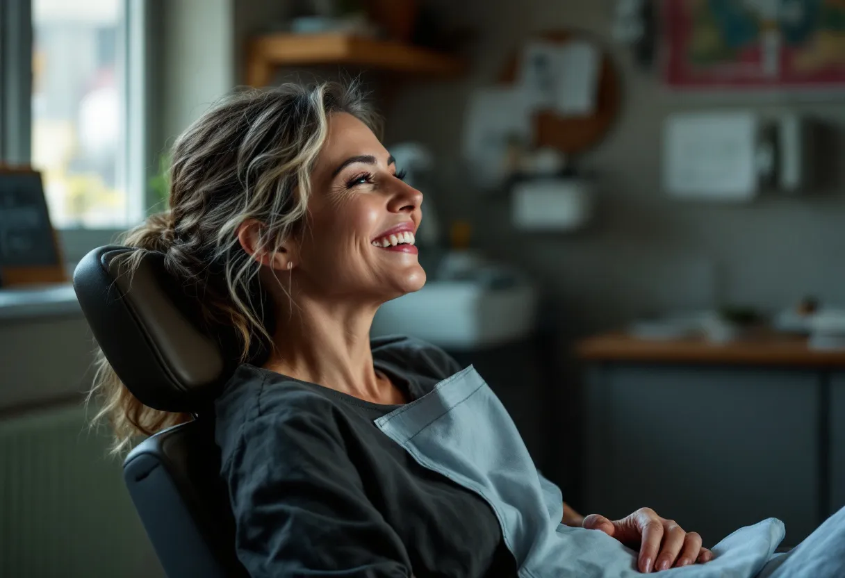 Een fotorealistische foto van een lachende vrouw van midden dertig met subtiele kraaienpootjes, zittend in een rustige, lichte kliniek in Gent, haar hand nonchalant tegen haar wang, natuurlijk daglicht, geen opvallende make-up, geen logo's.