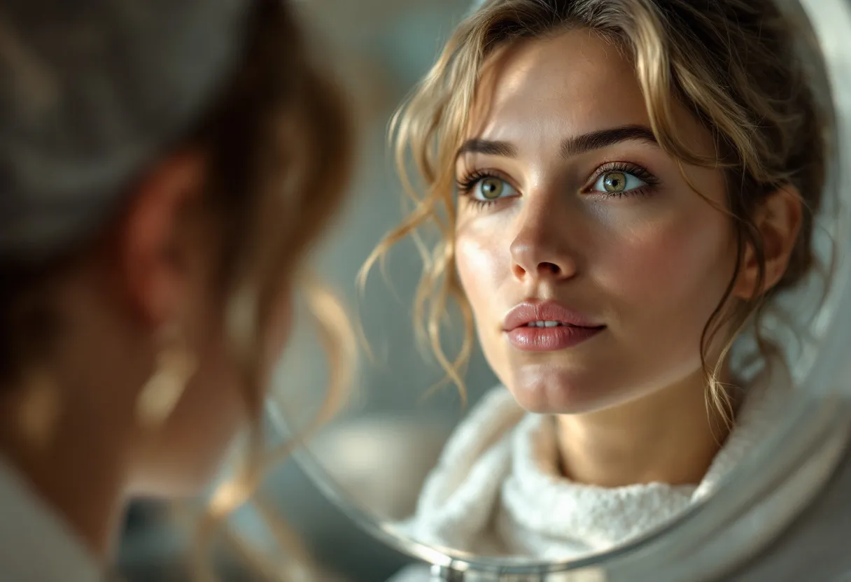 Een close-up van een stralende vrouw van midden dertig die ontspannen in een spiegel kijkt in een lichte, serene behandelkamer in Gent, haar huid oogt fris en natuurlijk, zonder enig spoor van een ingreep.