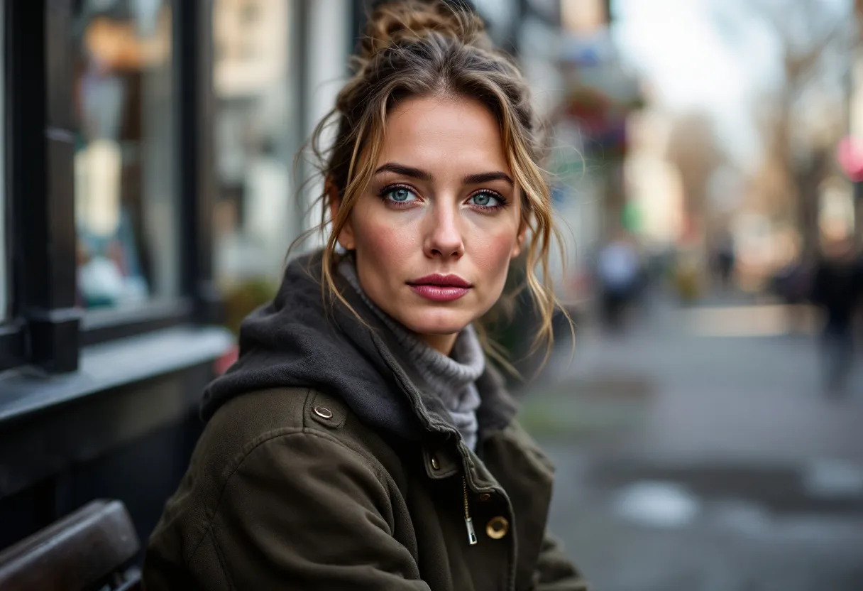 Een realistische foto van een vrouw van rond de 35 met een stralende, ontspannen huid, zonder make-up, die natuurlijk in een rustige Gentse straat zit, met diffuus zonlicht, geen logo's.