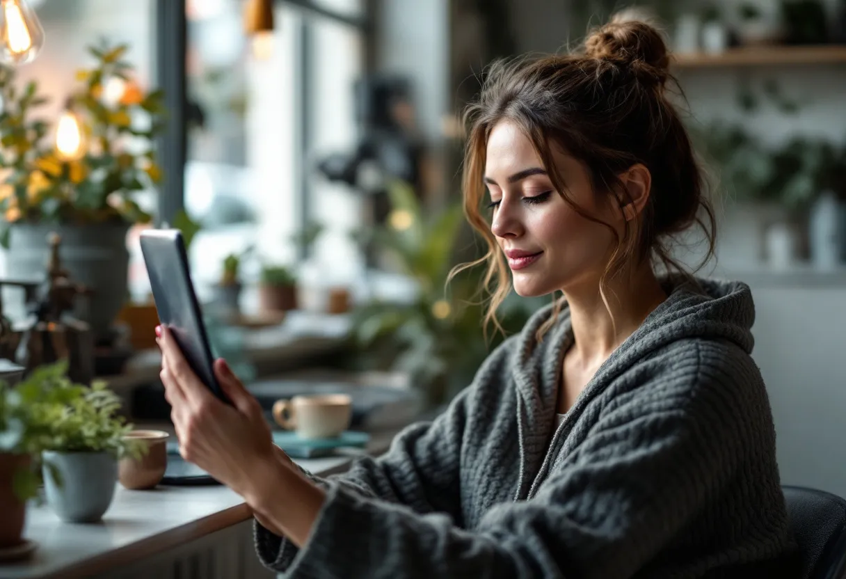 Een ontspannen vrouw van in de dertig zit in een lichte, serene praktijkruimte in Gent en kijkt tevreden in een handspiegel, terwijl een onscherpe arts op de achtergrond iets noteert op een tablet.