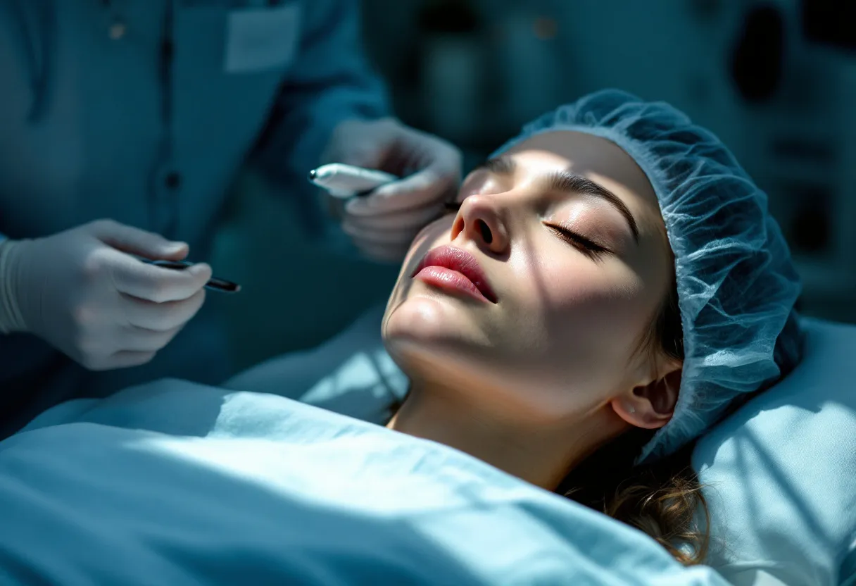 Gros plan d’un visage féminin reposé et lumineux, aux traits détendus, dans un cabinet médical épuré à Gand, baigné d’une lumière naturelle tamisée.