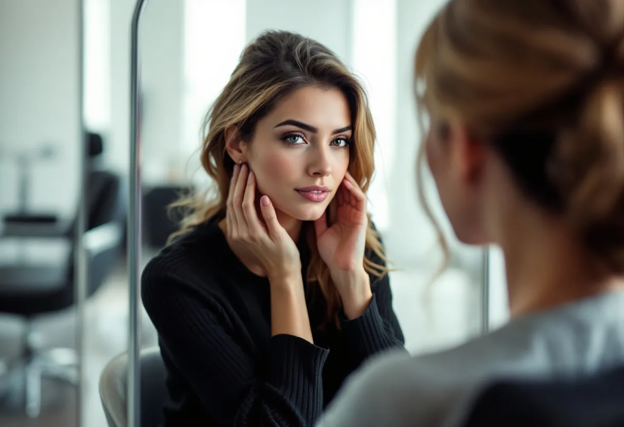 Femme assise dans une salle d'attente élégante, touchant sa ride du lion avec une expression contrariée, reflet dans un miroir montrant un résultat asymétrique après Botox.
