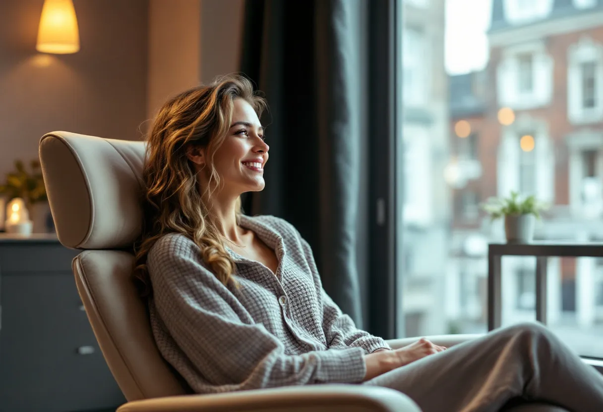 Une femme souriante aux traits détendus, assise dans un fauteuil design d'une clinique esthétique lumineuse à Gand, regardant par la fenêtre vers les toits de la ville.