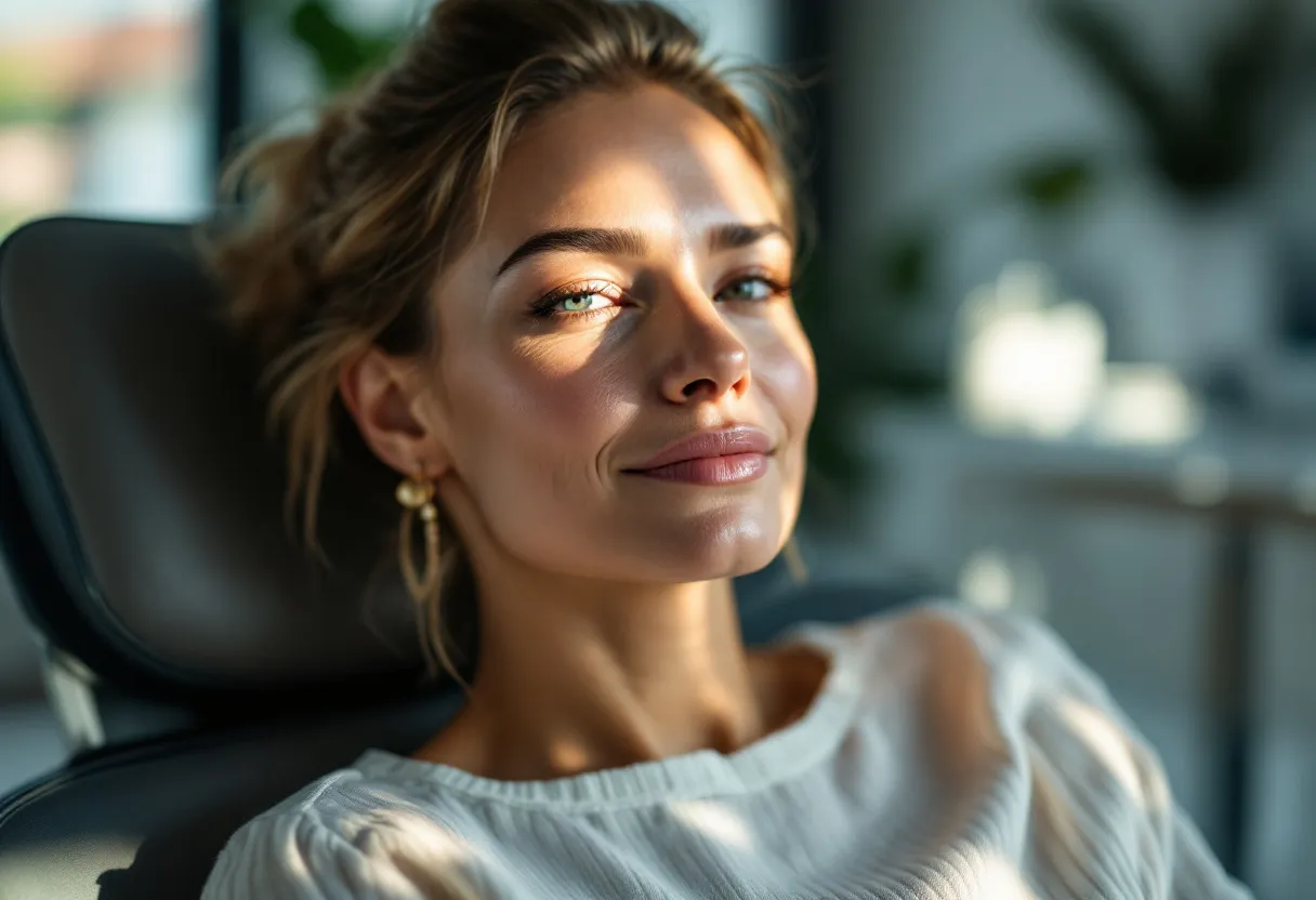 Un gros plan sur le visage d'une femme dans la trentaine, à la peau lumineuse et aux rides d'expression à peine visibles, assise dans un fauteuil design d'une clinique claire et apaisante à Gand, la lumière naturelle traversant une grande fenêtre.
