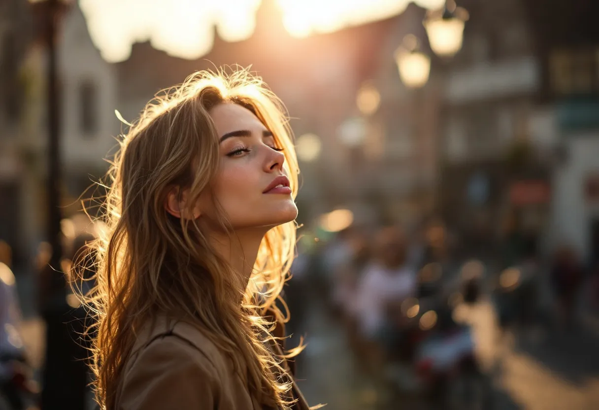 Une femme rayonnante aux traits lisses et reposés se tient devant le Gravensteen à Gent, sous une douce lumière matinale, respirant la sérénité.