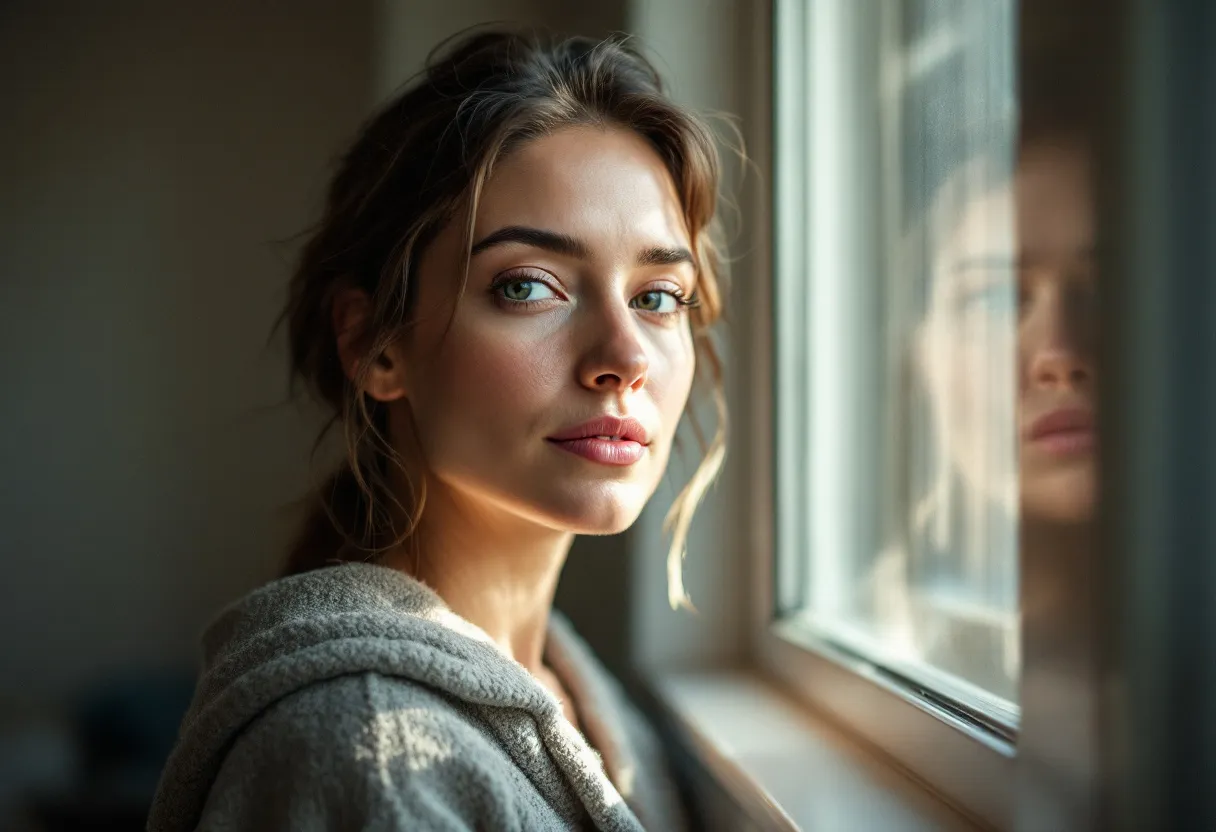 Une photo photoréaliste d'une femme sereine au début de la trentaine avec une expression naturellement détendue, un éclat subtil, debout près d'une fenêtre dans une salle clinique lumineuse à Gand, la lumière du jour douce illuminant son visage, sans maquillage visible, l'air calme et reposé.