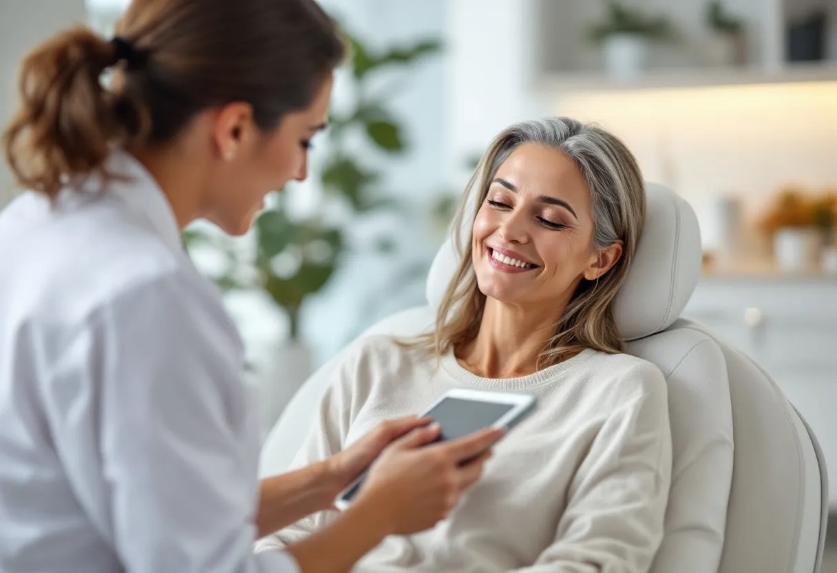 Une femme d’une trentaine d’années, au teint frais et lumineux, est assise dans un fauteuil design d’une clinique claire et moderne à Gand, souriant légèrement tandis qu’un médecin lui explique sur une tablette les zones traitées pour un résultat naturel.
