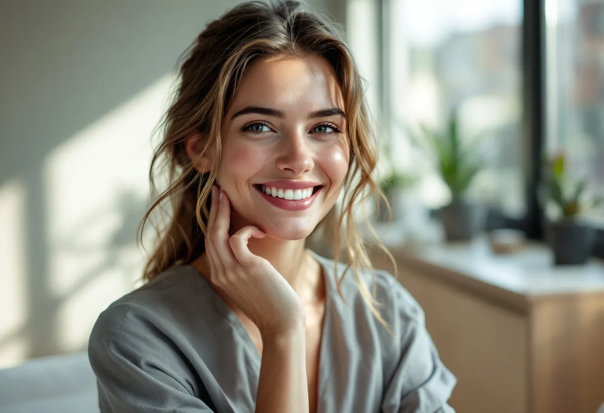 Portrait en gros plan d'une femme souriante au teint frais et lumineux, touchant légèrement son front lisse, dans une salle de consultation épurée baignée de lumière naturelle à Gand.