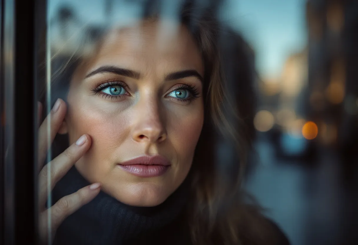 Une femme d’une trentaine d’années, au teint éclatant et aux yeux rieurs, se regardant discrètement dans le reflet d’une fenêtre dans une rue pavée typique de Gand, sa peau lisse et naturelle ne montrant aucun signe d’intervention.