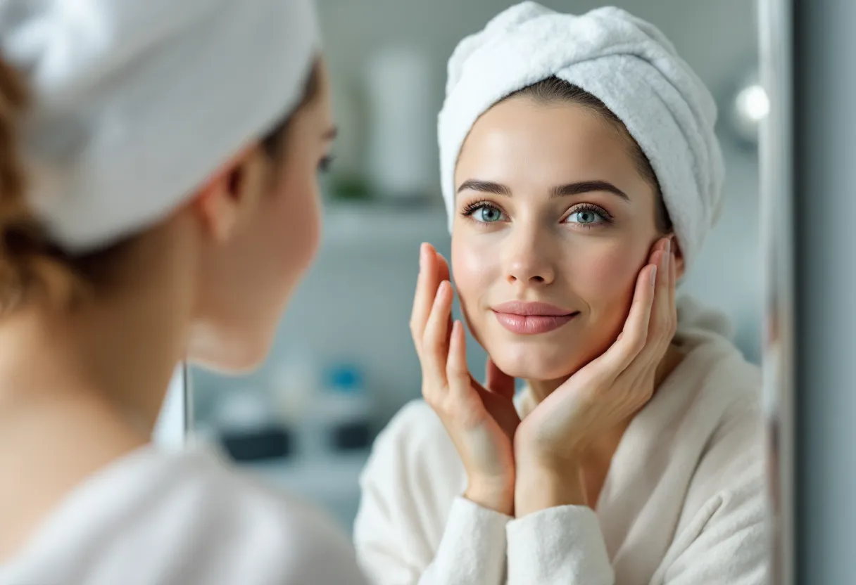 Une femme dans la trentaine, au regard lumineux et à la peau lisse, se contemple dans le miroir d'une clinique élégante à Gand, affichant une expression détendue et naturelle.