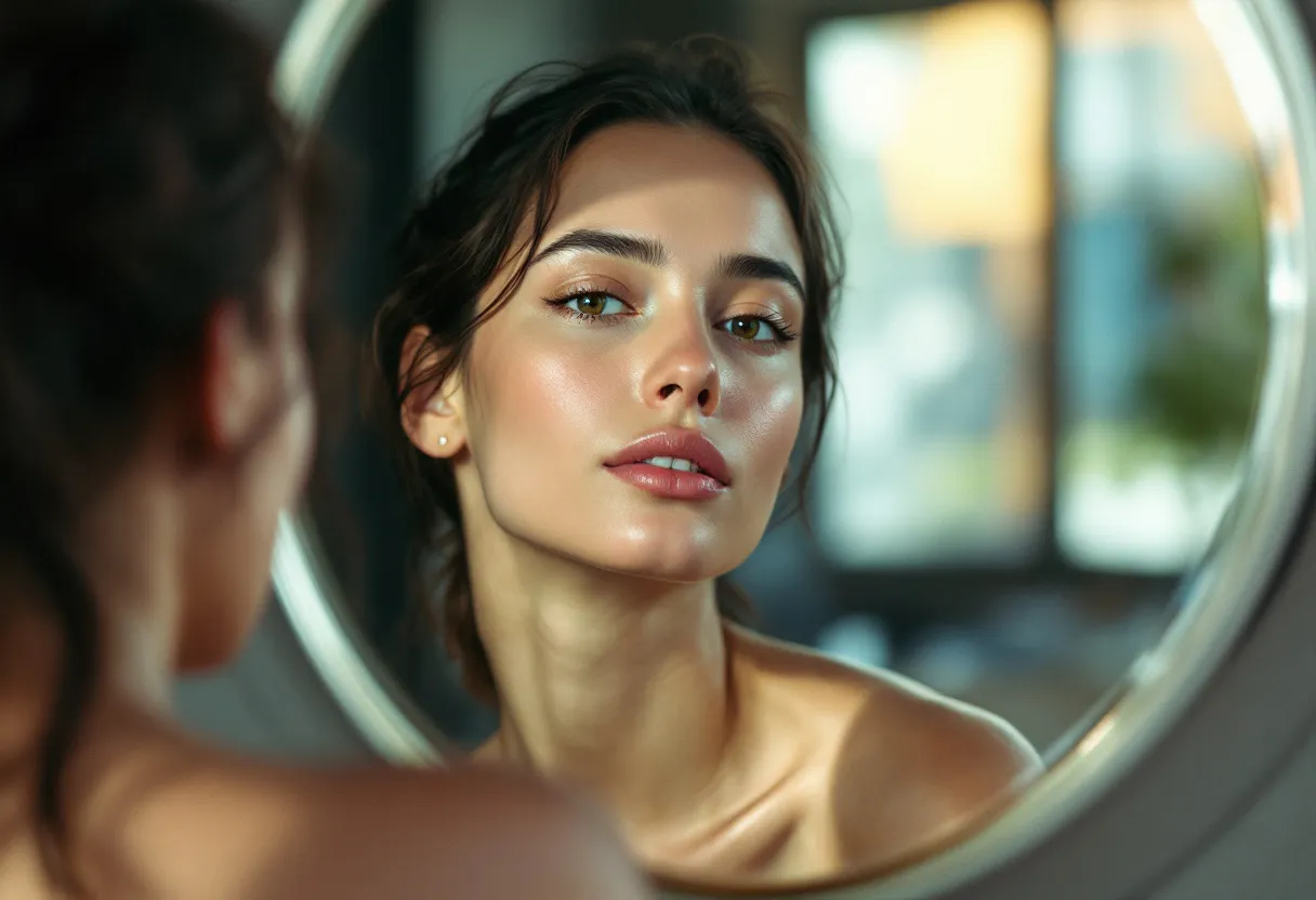 Un visage féminin détendu et lumineux en gros plan, avec une peau lisse sans rides, devant un miroir flou dans un intérieur clair à Gand.