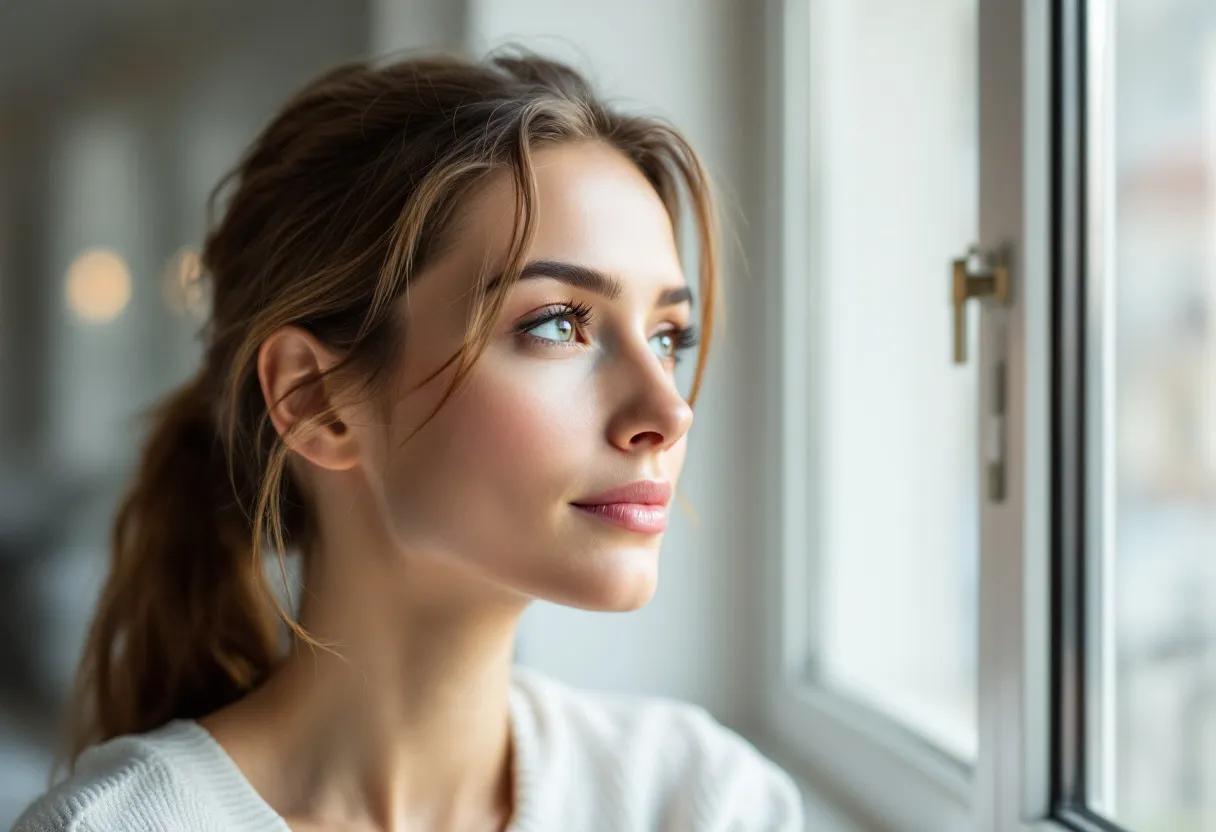 Une femme dans la trentaine, au visage naturellement détendu, regarde par une fenêtre ensoleillée dans une clinique épurée du centre de Gand, l’air serein après un traitement de botox discret.