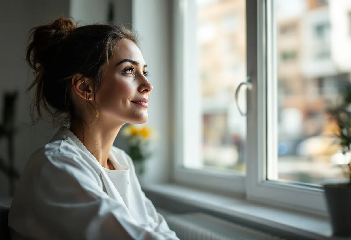 Une personne au visage détendu et lumineux regardant par la fenêtre d’une salle de consultation élégante et claire, dans une clinique située au cœur de Gand.