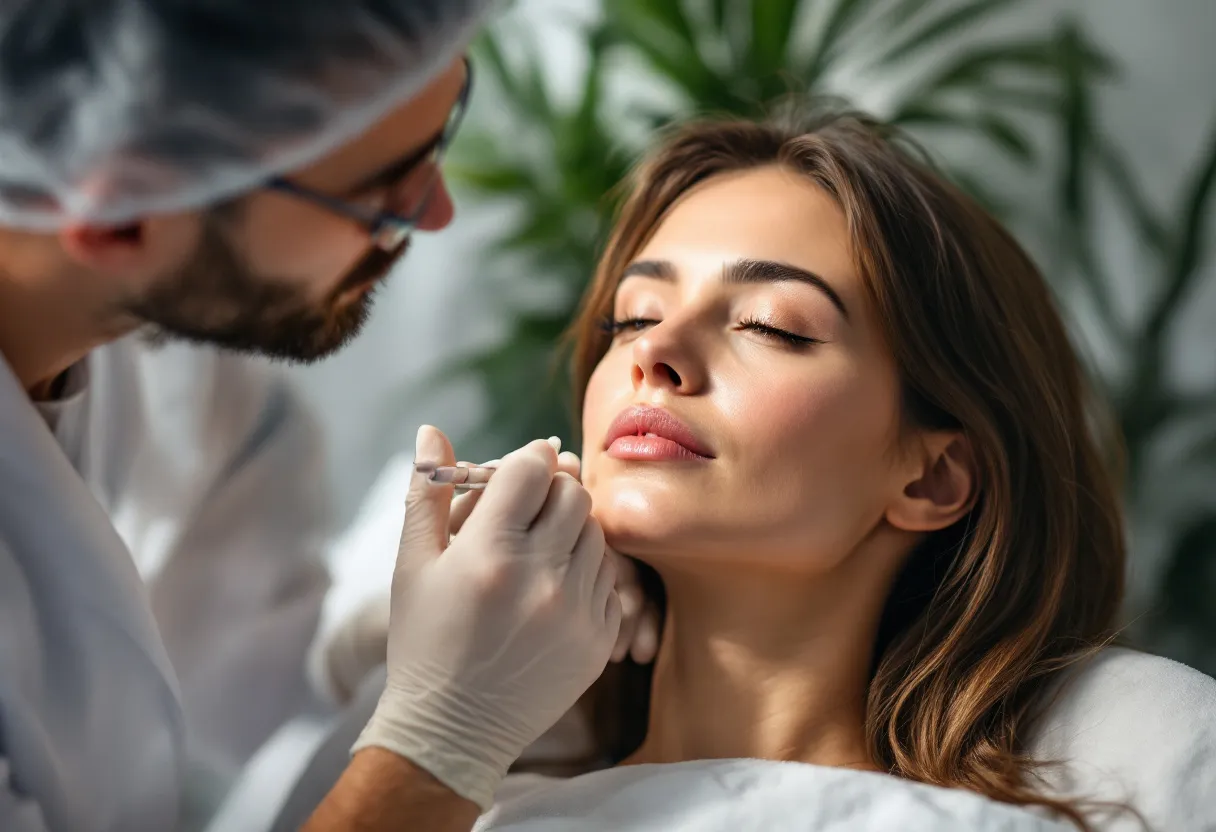 Une femme dans une clinique moderne de Gand reçoit une injection de Botox sur le front par un médecin concentré, avec une lumière douce et des plantes vertes en arrière-plan.