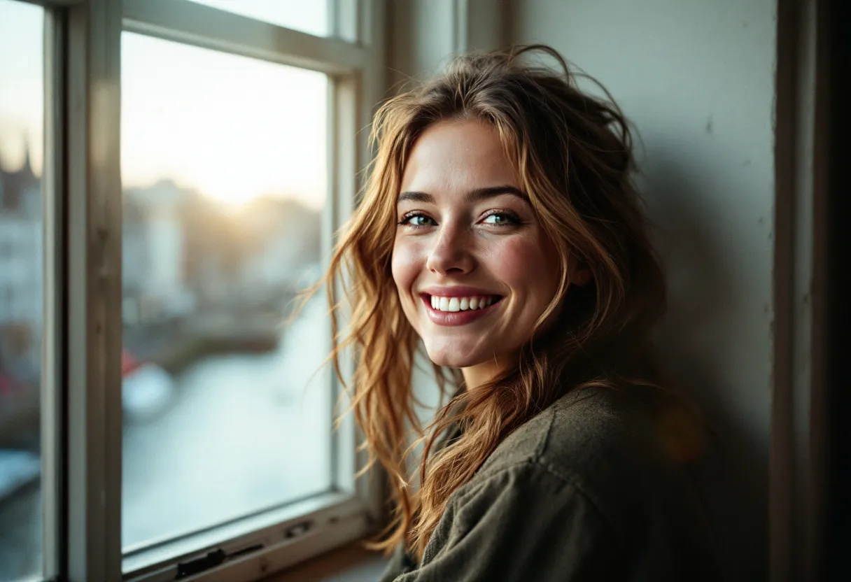 Photographie réaliste d'une femme souriante au visage naturellement lumineux, assise près d'une fenêtre avec vue sur les canaux de Gand, éclairage doux.