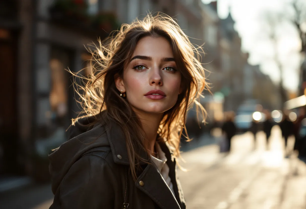 Une femme rayonnante, le teint lumineux, flâne sur les pavés du centre historique de Gand par une matinée ensoleillée, reflétant une beauté naturelle et reposée.