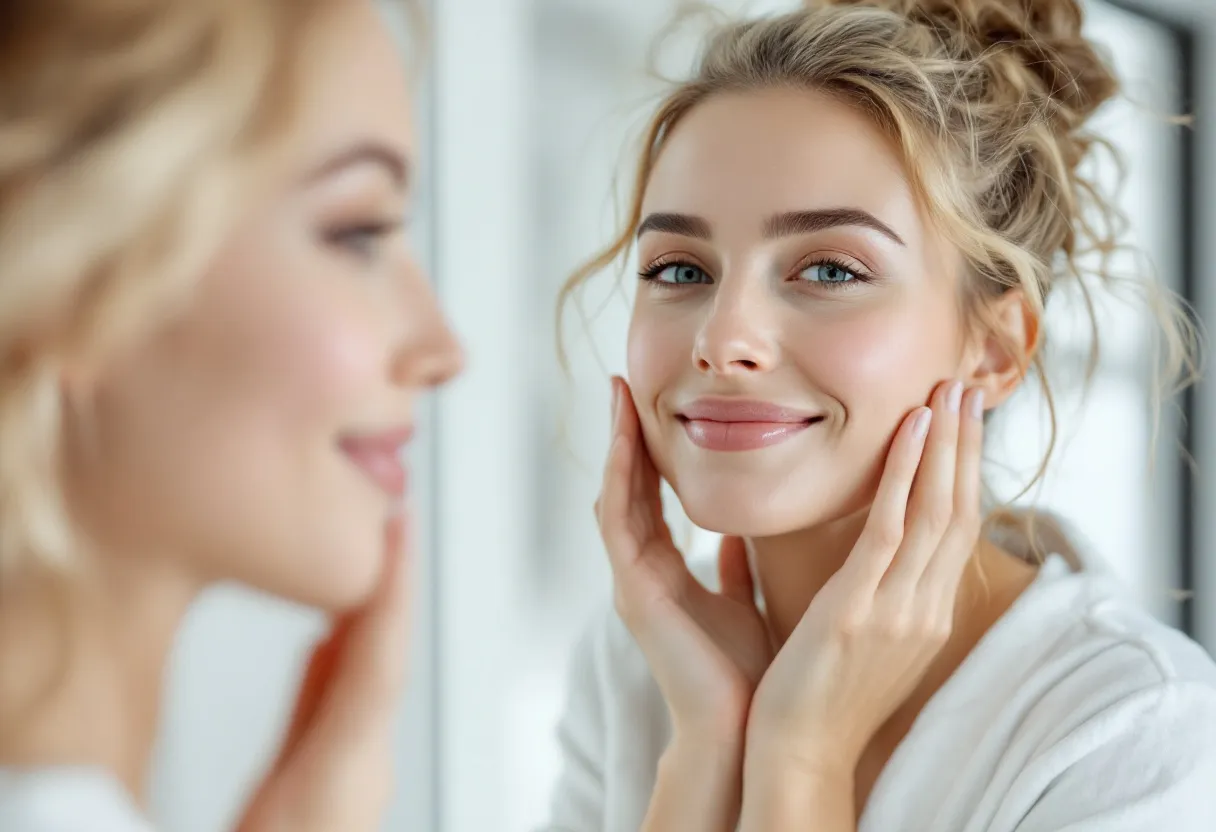 Une femme souriante avec une peau lisse et naturelle, debout devant un miroir dans une salle de consultation lumineuse à Gand, comparant discrètement son reflet détendu avant et après un traitement de botox.