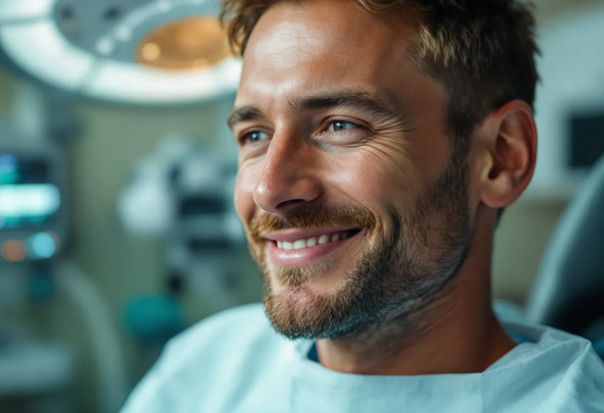Un homme souriant avec une peau lisse et naturelle dans un cabinet médical lumineux à Gand.