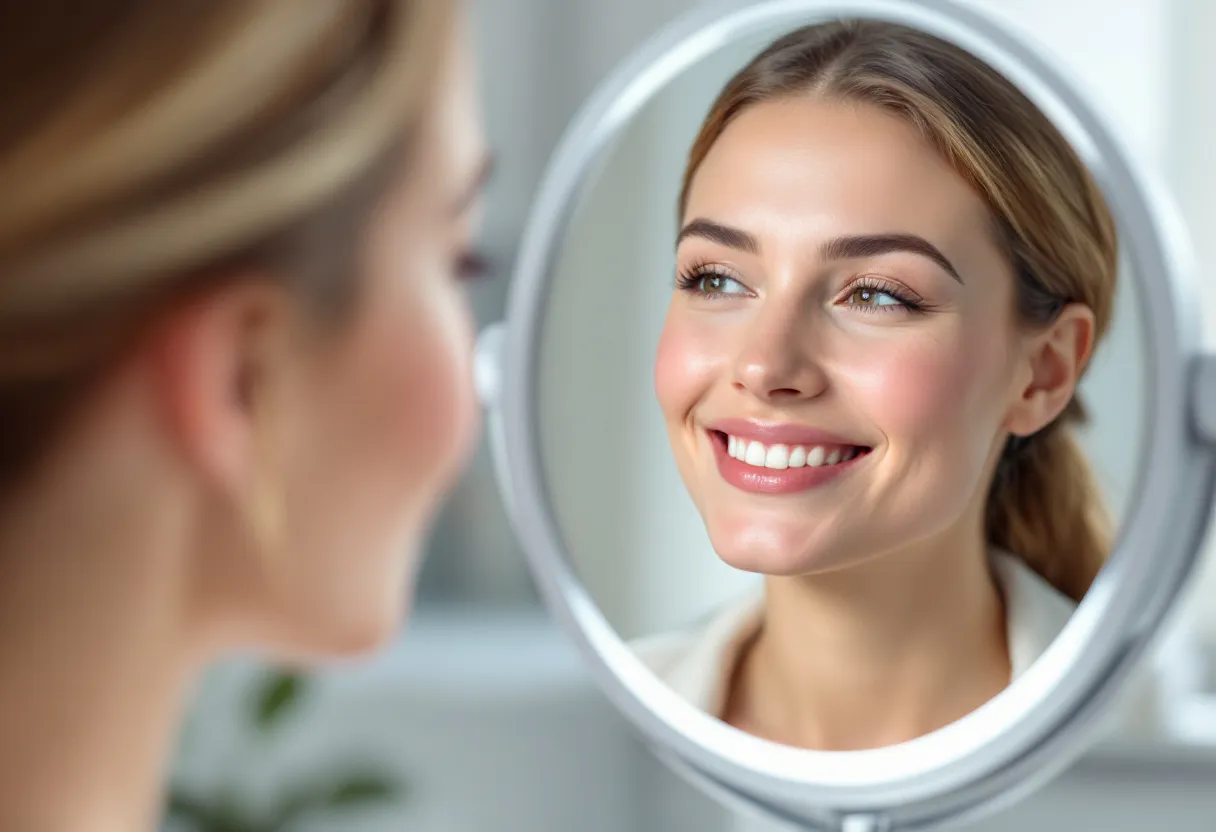 Photographie réaliste d'un visage d'une femme souriant doucement, avec une peau lumineuse et des traits lisses, observant son reflet dans un miroir ovale, dans une salle de consultation claire et moderne de Gand, une affiche discrète de la carte du Botox de Gand en arrière-plan.