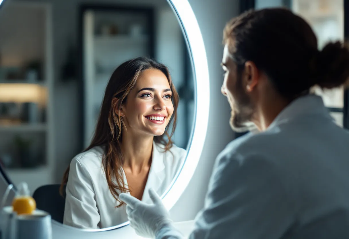 Un cabinet médical lumineux à Gand, une patiente souriante discute avec son médecin devant un miroir, son visage affiche une fraîcheur naturelle après un soin Botox subtil.