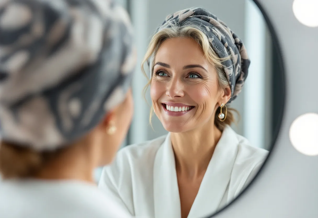 Une femme souriante d’une trentaine d’années, au teint lumineux et au regard reposé, se tient devant un miroir dans une salle de soins lumineuse à Gand, sans aucune trace visible d’intervention esthétique.