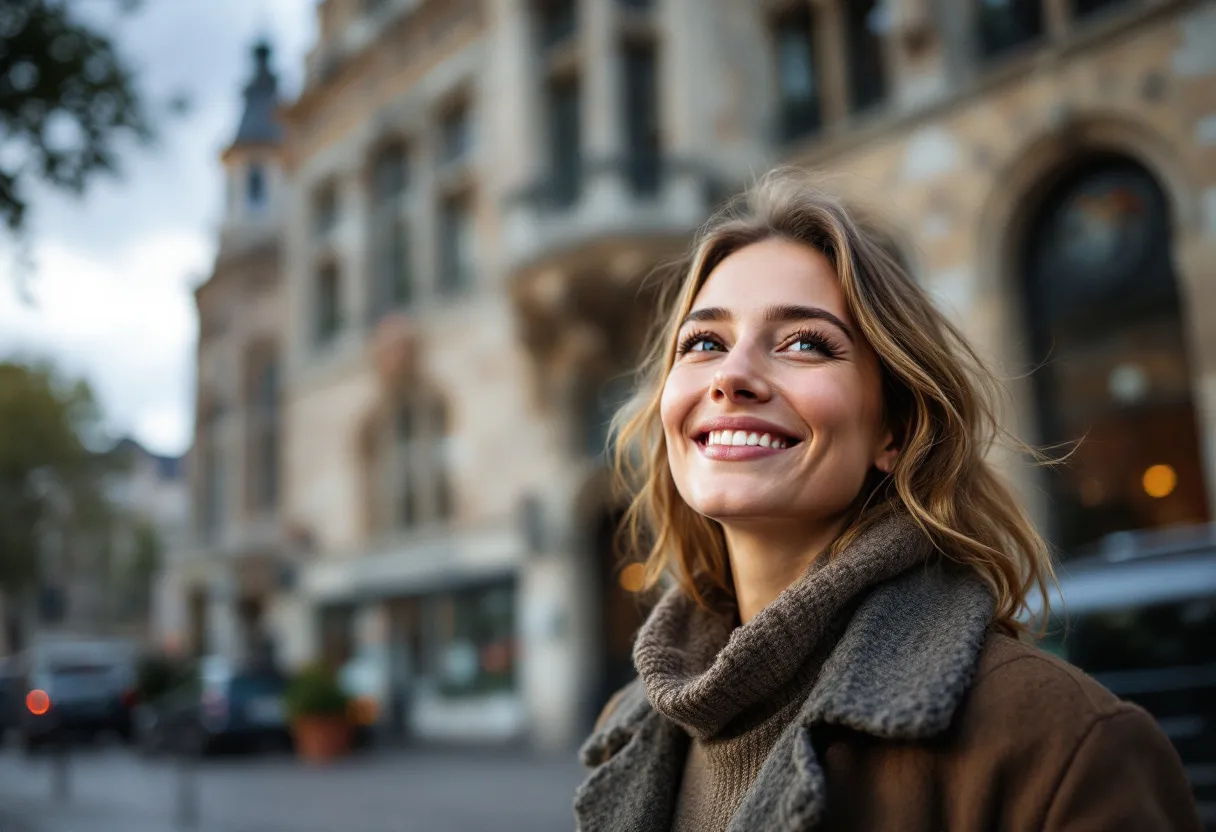 Une femme souriante au teint frais et radieux devant la façade historique de la mairie de Gand, exprimant naturel et discrétion.