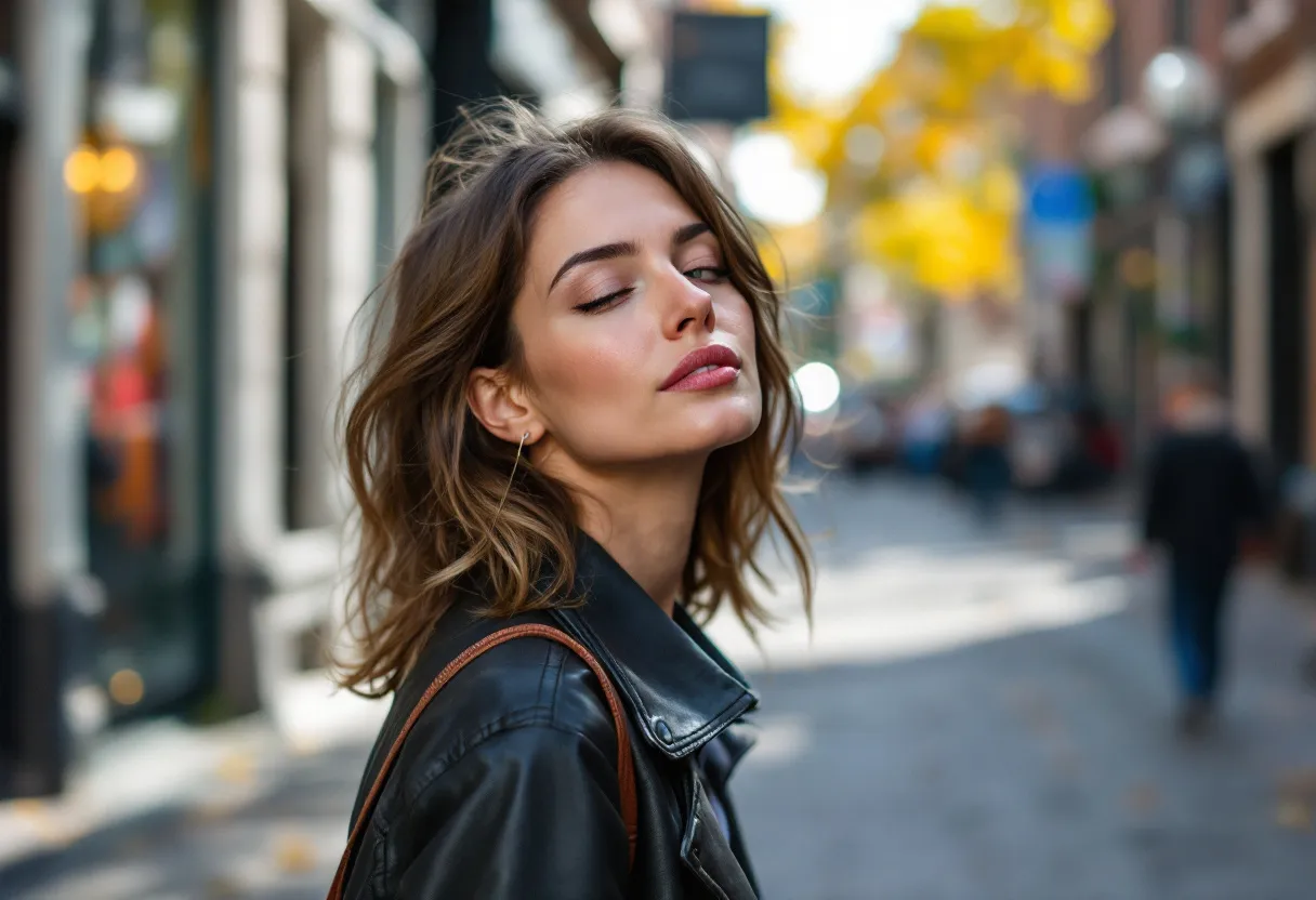 Une femme à l'expression détendue dans une rue ensoleillée de Gand, son visage reposé et lumineux après un traitement subtil au Botox, sans aucune trace visible d'intervention.