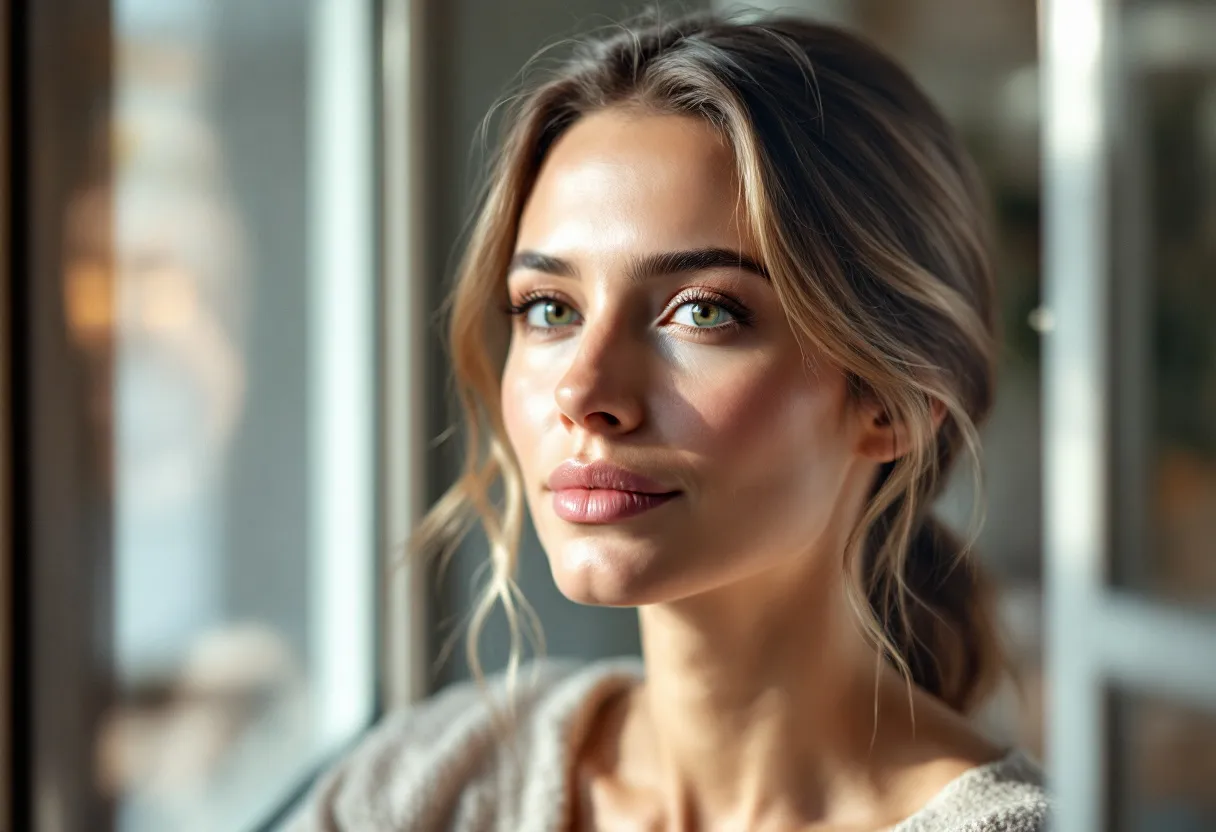 Gros plan sur le visage lumineux et détendu d'une femme d'une trentaine d'années, aux yeux expressifs et reposés, debout près d'une fenêtre claire dans une clinique épurée du centre de Gand après un soin de botox discret.