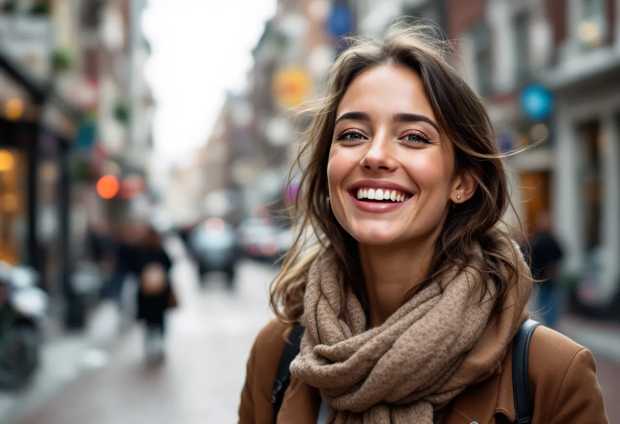 Une femme souriante et rayonnante dans une rue pavée de Gand, près du Gravensteen, avec une peau lumineuse et naturelle, comme après une bonne nuit de sommeil.