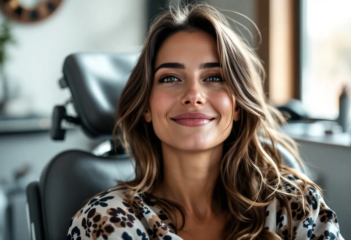 Une femme souriante aux yeux lumineux et au teint frais, assise dans un fauteuil médical moderne à Gent, avec une lumière naturelle traversant une fenêtre.