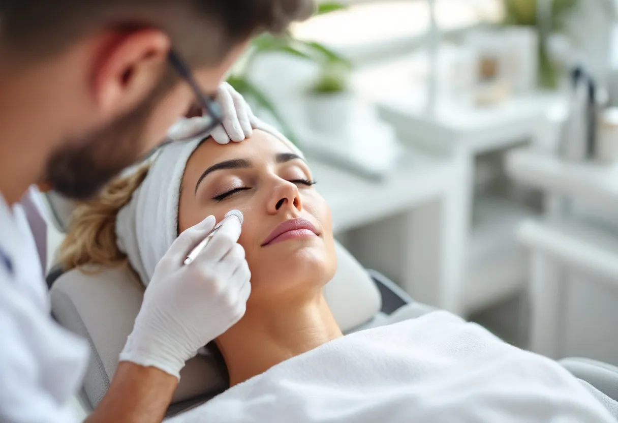 Une femme d'environ 35 ans, au visage reposé et rafraîchi, est allongée dans un fauteuil de soin baigné de lumière naturelle dans une clinique esthétique à Gent, tandis qu'un médecin applique délicatement un produit sur son front.