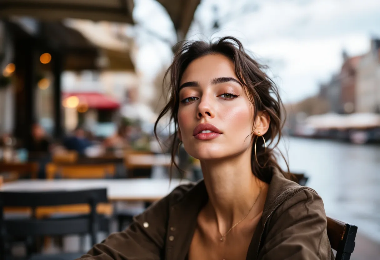 Gros plan sur le visage détendu d'une femme à la peau lumineuse, assise à une terrasse de café le long des quais de Gand, avec un regard frais et apaisé.