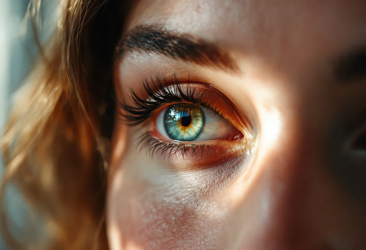 Gros plan d'un œil féminin au regard lumineux et reposé, avec une peau lisse et des sourcils subtilement relevés, sur fond de lumière douce à travers une fenêtre d'un cabinet médical à Gent.