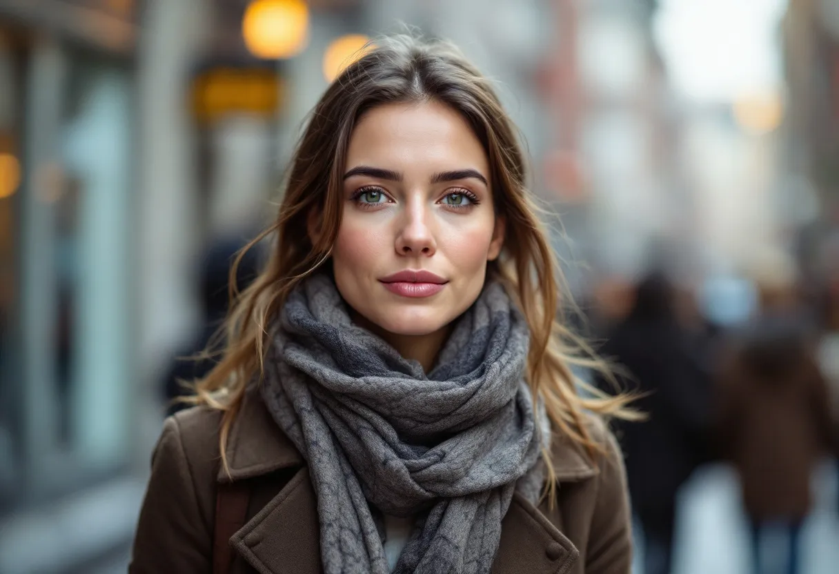 Une femme aux traits détendus et au teint lumineux marche dans le centre historique de Gand, son visage reflète une fraîcheur subtile après un traitement anti-rides invisible, la façade d'une élégante clinique médicale en arrière-plan.