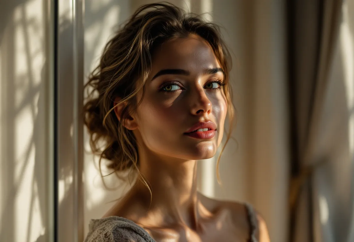 Une femme au visage détendu et lumineux, près d'une fenêtre ensoleillée dans un appartement gantois, après un traitement Botox subtil.