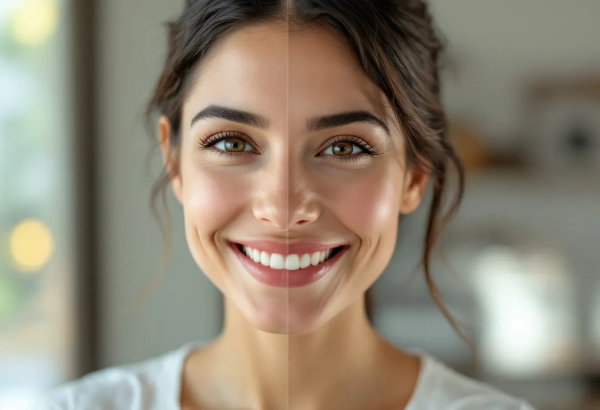 Portrait en split screen d’une femme souriante montrant des rides d’expression atténuées après un traitement de Botox, effet naturel et lumineux.