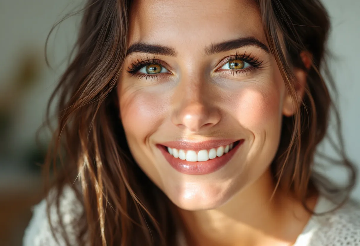 Gros plan du visage d'une femme d'une trentaine d'années, le front lisse et détendu, les yeux entourés de légères pattes d'oie à peine visibles, affichant un sourire naturel et lumineux, dans un salon baigné de lumière douce près de Gand.