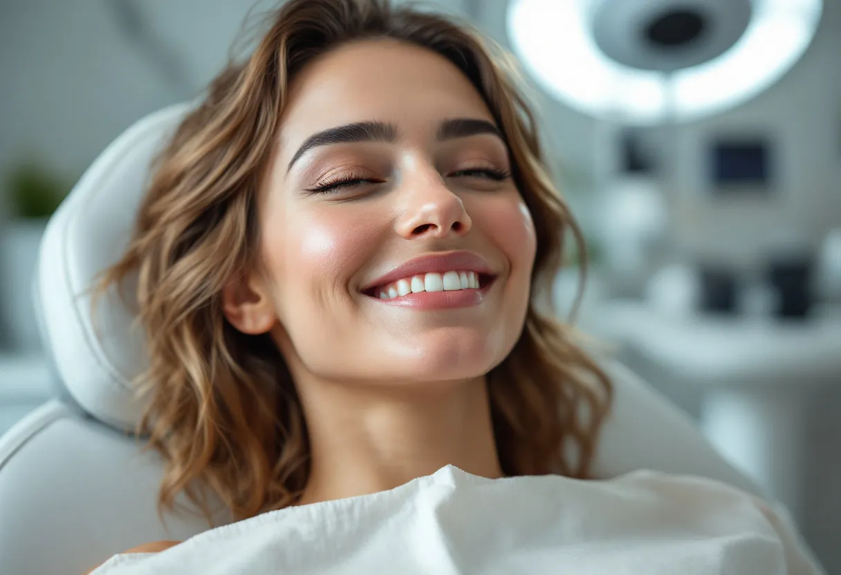 Une femme souriante, assise dans un cabinet médical lumineux à Gand, le visage détendu et reposé après une consultation botox discrète, illustrant un résultat naturel.