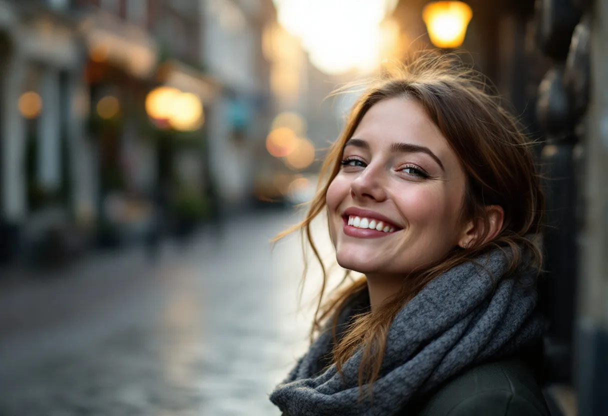 Une femme souriante aux yeux reposés dans une rue pavée du centre historique de Gand, sa peau reflète une fraîcheur naturelle sous la lumière douce du matin.